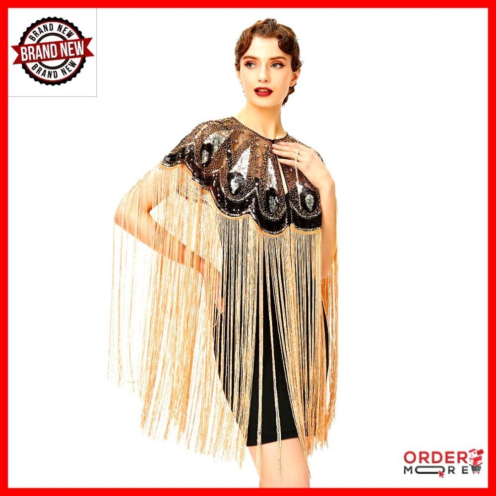 Vintage 1920s Sequin Beaded Evening Cape Shawl with Long Fringe